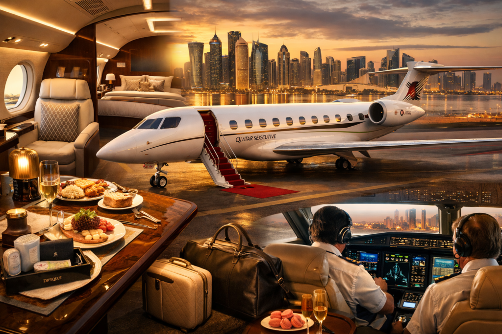 Luxury interior of Qatar Executive Gulfstream G700 private jet with leather seats, dining setup, private suite, and Doha skyline view.