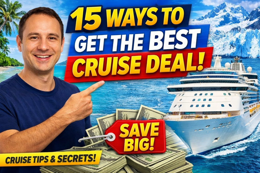 15 Easy Ways to Get the Best Cruise Deal’ showing a smiling man pointing to a Royal Caribbean cruise ship, tropical beach background, and a ‘Save Big!’ money icon highlighting discounted luxury cruise tips