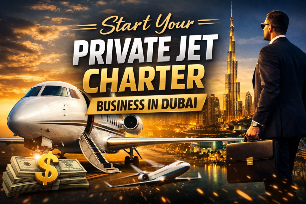 Luxury private jet charter business in Dubai with sleek jet, Dubai skyline, and businessman holding briefcase, representing VIP aviation services and high-end corporate travel opportunities."