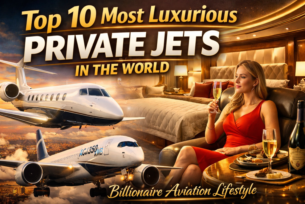 Luxury private jet interior with champagne, billionaire lifestyle scene, and elite aircraft including Airbus ACJ350 and Gulfstream jet flying above the city, representing the world’s most luxurious private jets