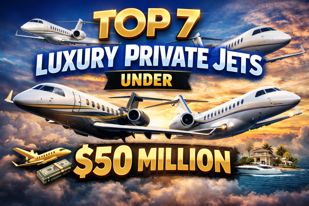 Top 7 luxury private jets flying in the sky under $50 million, showcasing high-end business jets, private jet charter aircraft, and executive aviation luxury