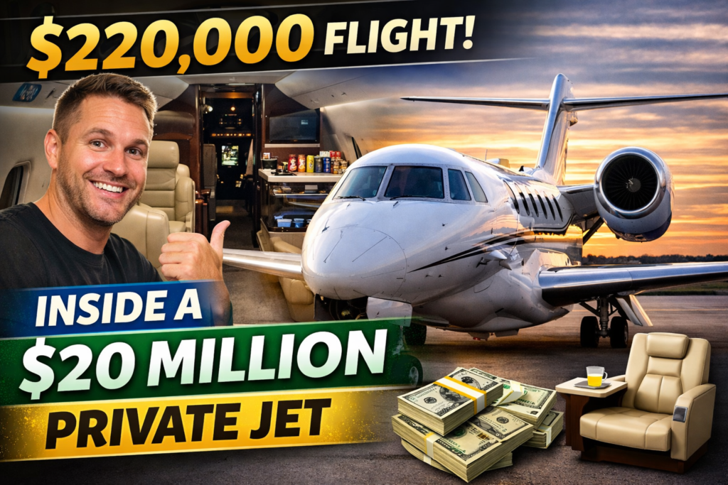 $220,000 private jet flight inside a $20 million Citation X jet with luxury interior, snacks, and comfortable seating, highlighting a premium private aviation experience.