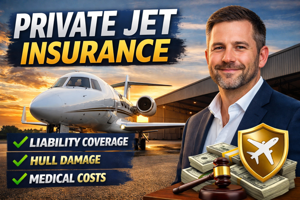 Private jet parked on an airport runway with insurance symbols showing liability coverage, hull damage protection, medical payments, and legal defense for aircraft owners