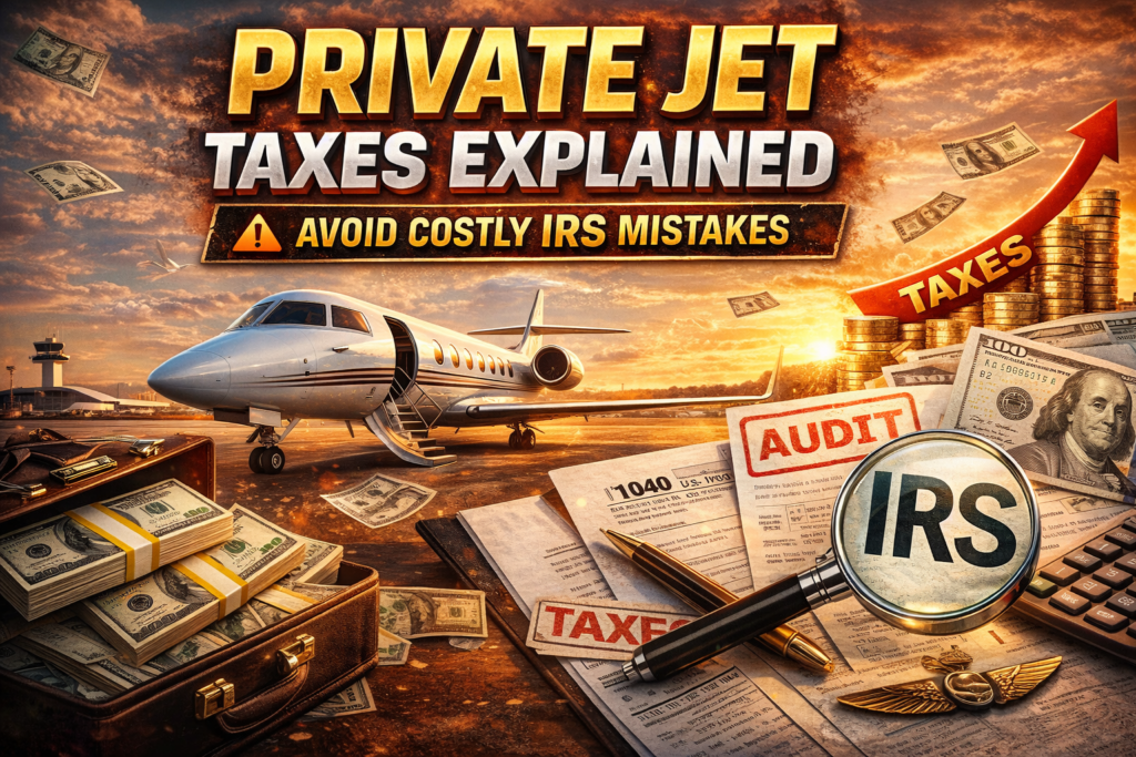 Luxury private jet on airport runway surrounded by IRS tax documents, audit stamp, cash, and financial symbols explaining private jet taxes and IRS compliance