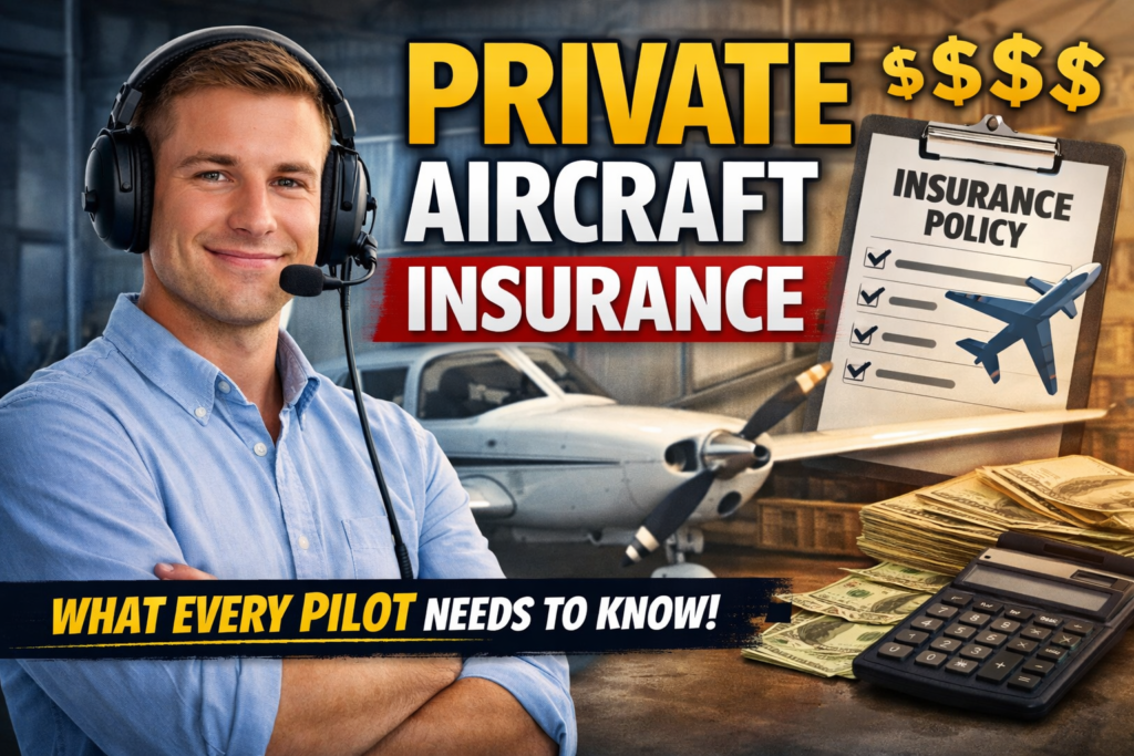 Private aircraft insurance thumbnail showing a pilot with headset, a small private airplane in a hangar, an aviation insurance policy checklist, calculator, and money representing aircraft insurance costs, premiums, and coverage for pilots