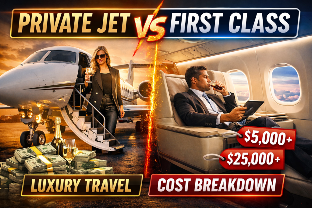 Split-screen thumbnail showing a luxurious private jet with a woman holding champagne on the left, and a first-class airplane cabin with a man relaxing and using a tablet on the right, highlighting cost differences and luxury travel comparison.