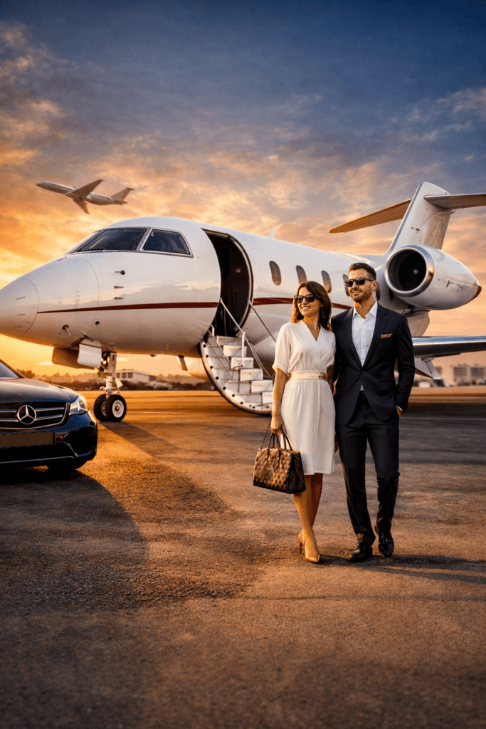 Luxury private jet charter with an elegant couple walking near a private jet on an airport runway during sunset.