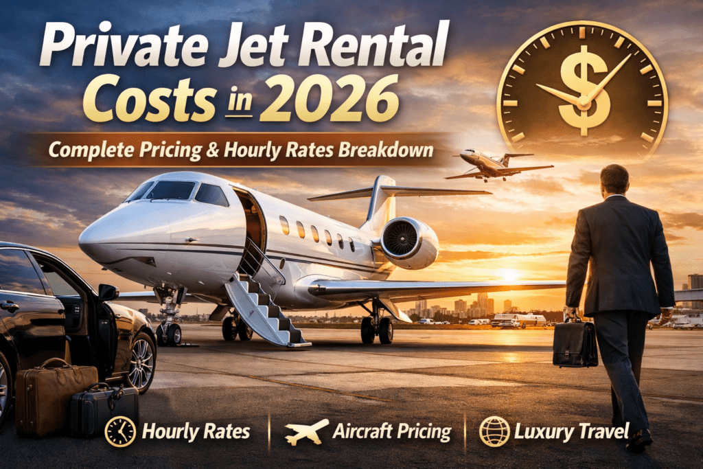 Luxury private jet on runway with businessman walking toward aircraft, illustrating private jet rental costs and pricing in 2026